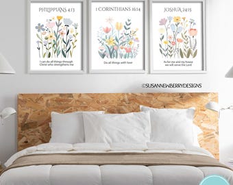 Trío de arte mural cristiano con decoración botánica: Puedo hacer todas las cosas - Haz todas las cosas con amor - Serviremos al Señor