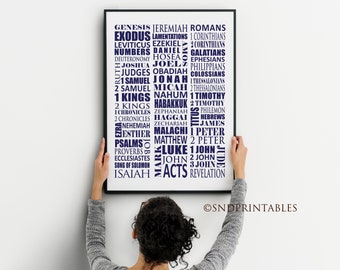Tipografía de los Libros de la Biblia en azul marino, arte de palabras imprimible en 12 x 16 y 18 x 24 - Archivo digital - Póster de libros bíblicos - Decoración de pared cristiana