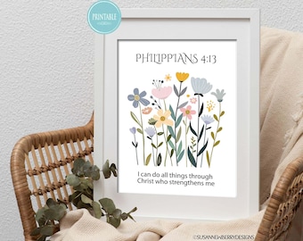 Todo lo puedo en Cristo que me fortalece, Filipenses 4:13 - Arte mural cristiano floral en tonos pastel