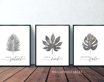 Love is patient Love is kind Love never fails Ferns Trio Art Printable Files - Christian Wall Art - Botanical Wall Art