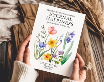 Tarjeta de felicitación imprimible personalizada "Felicidad eterna" para el bautismo de los Testigos de Jehová con flores de primavera y plantilla de sobre.