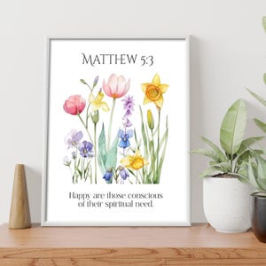 Utskrivbar text för Jehovas vittnesår 2026 - Lyckliga är de som är medvetna om sitt andliga behov med akvarell vårblommor - Matteus 5:3