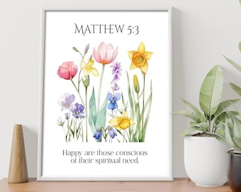 2026 JW Year Text Printable - Happy are those conscious of their spiritual need with Watercolor Spring Flowers - Matthew 5:3