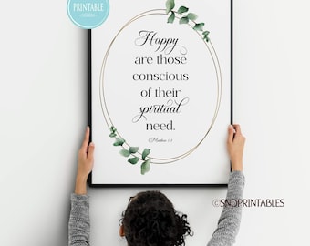 2026 JW Year Text - Happy are those conscious of their spiritual need Wall Art Printable with Eucalyptus and Gold - Matthew 5:3