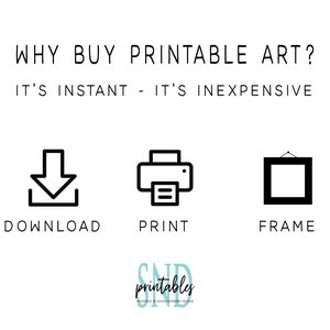 May include: A graphic with the text "WHY BUY PRINTABLE ART?" and "IT'S INSTANT - IT'S INEXPENSIVE". Below the text are three icons: a download arrow, a printer, and a picture frame. The text "DOWNLOAD", "PRINT", and "FRAME" are below each icon.
