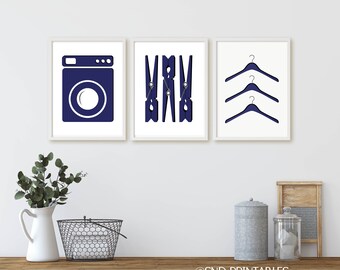 Navy  Laundry Trio Art Printables in 8x10 and 12x16 - Digital File - Washer Clothespins Hangers - Instant download art - Laundry Room Art