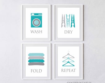 Wash Dry Fold Repeat Set of 4 - Wall Art Printables in 8 x 10 and 12 x 16 - Wall Decor Digital download - Laundry Wall Art