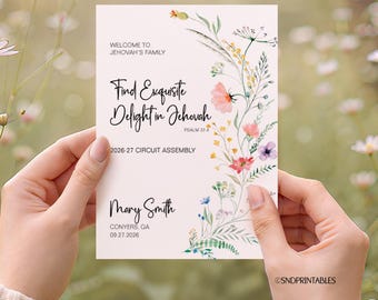 Personalized Printable "Find Exquisite Delight in Jehovah" JW Assembly Baptism Greeting Card with Spring Flowers & envelope template