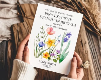 Personalized Printable "Find Exquisite Delight in Jehovah" JW Assembly Baptism Greeting Card with Spring Flowers II & envelope template
