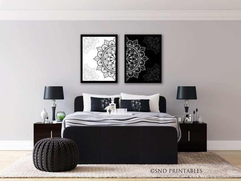 Mandala Duet I printable in black and white 8 x 10 and 12 x 16 Wall Decor Digital download Bedroom Wall Decor Contemporary Wall Art image 1