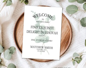 Personalized Printable "Find Exquisite Delight in Jehovah" JW Assembly Baptism Greeting Card with Eucalyptus & envelope template