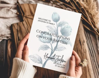 Personalized Printable Welcome to Jehovah's Family JW Baptism Greeting Card with blue flowers