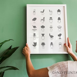 May include: A framed black and white print showing a timeline of iconic chair designs from 1850 to 2010. Each chair is shown in silhouette with the year of its design below it. The print is hanging on a green wall.