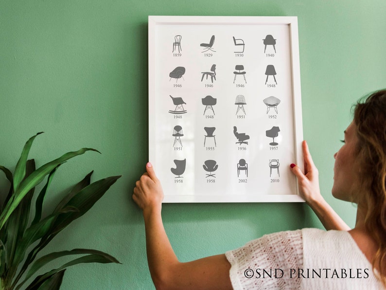 May include: A framed black and white print showing a timeline of iconic chair designs from 1850 to 2010. Each chair is shown in silhouette with the year of its design below it. The print is hanging on a green wall.
