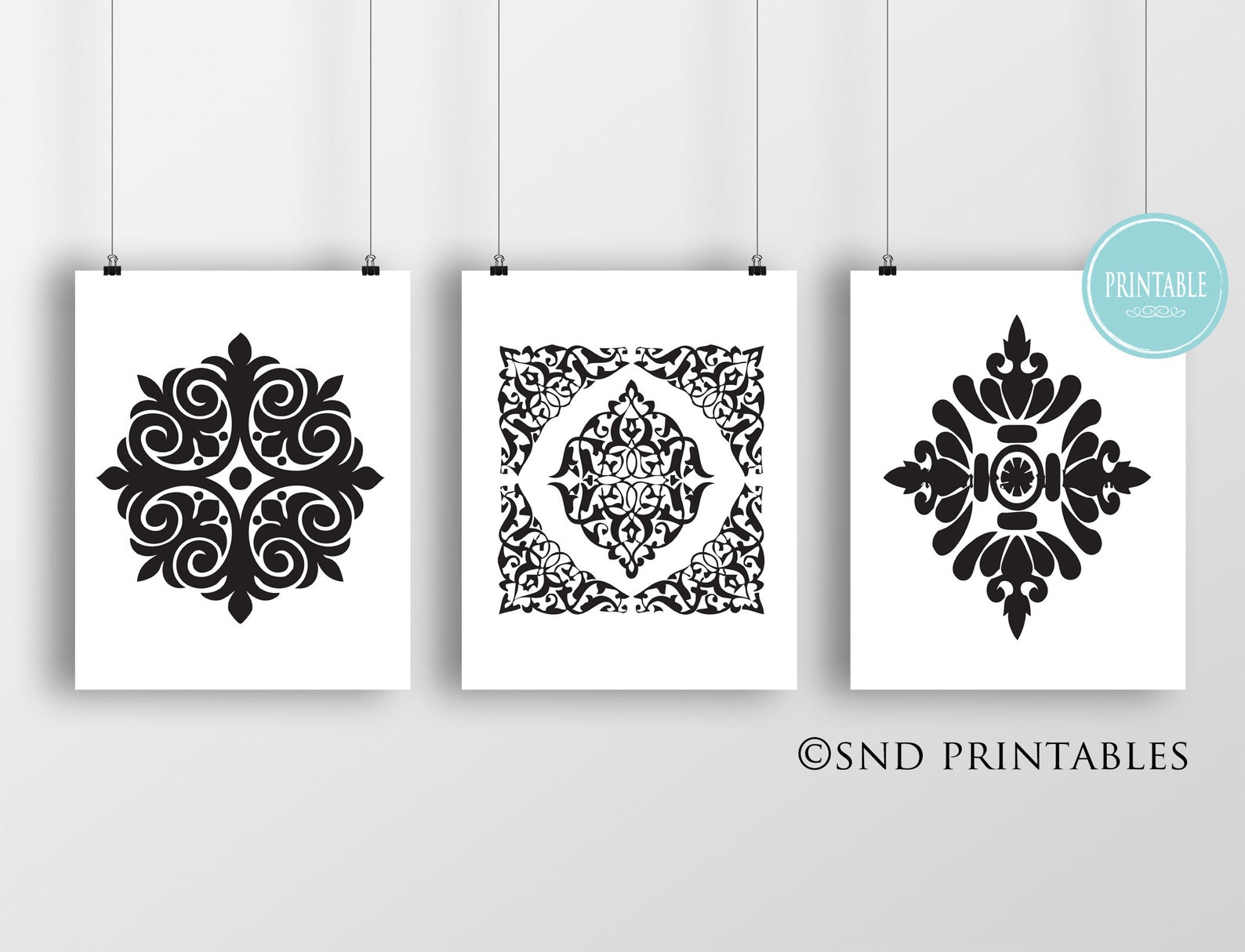 Black and White Damask Trio 1 Printable Files Digital File | Etsy