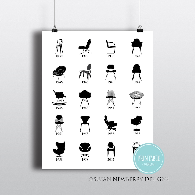 May include: A black and white printable chart showing the evolution of chair design from 1859 to 2002. The chart features silhouettes of different chairs, each labelled with the year it was designed. The text "PRINTABLE" appears at the bottom of the chart.