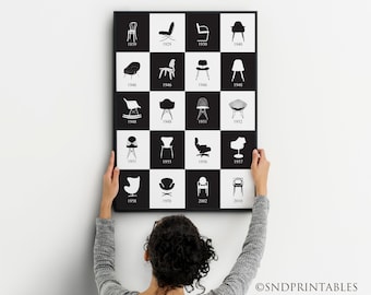 Iconic Chairs Poster with dates Wall Art Printable - Mid century Retro Chairs - Furniture Art - Furniture Art - Office Wall Art