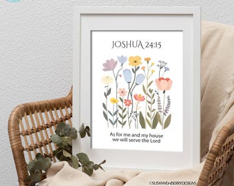 En cuanto a mí y a mi casa, serviremos al Señor. Josué 24:15 - Arte mural cristiano floral en tonos pastel