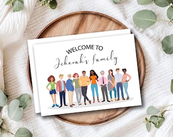 Tarjeta de felicitación imprimible de 5 x 7 con plantilla de sobre adicional "Bienvenidos a la Familia de Jehová"