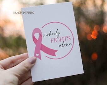 Tarjeta de felicitación imprimible con lazo rosa contra el cáncer de mama: Nadie lucha solo