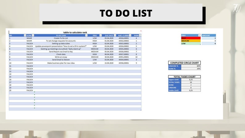 May include: A blue and white table with a spreadsheet titled "To Do List" and a table titled "Table to Calculate Rank". The spreadsheet includes columns for "Done", "To Do Task", "Prio", "Due Date", "Add = 1.0000", "Rank", "Prio", "Amount". The spreadsheet also includes a chart titled "Completed Circle Chart" and a chart titled "Total Tasks Chart".