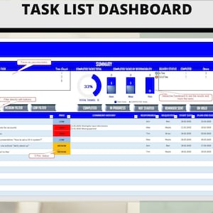 Könnte beinhalten: Digitales Task-List-Dashboard in Blau und Weiß. Es zeigt Aufgaben, Status und Fortschritt an, mit Abschnitten für erledigte, laufende und nicht begonnene Aufgaben. Der Text enthält "TASK LIST DASHBOARD" und verschiedene aufgabenbezogene Bezeichnungen.