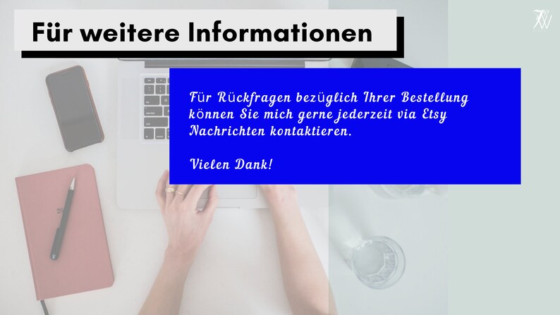 May include: A laptop computer with a blue text box that reads "For questions regarding your order, you can contact me anytime via Etsy messages. Thanks!"