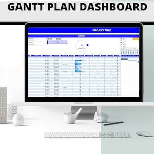 Könnte beinhalten: Ein Computerbildschirm zeigt ein Gantt-Planungs-Dashboard mit dem Titel "PROJECT TITLE". Das Dashboard zeigt eine Fortschrittsanzeige, einen Zusammenfassungsbereich und eine Tabelle mit Aufgaben und Fristen.