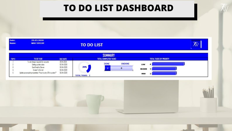 May include: A blue and white to-do list dashboard with the title "To Do List Dashboard". The dashboard shows a summary of tasks completed and tasks remaining. The dashboard also shows the number of tasks by priority level.