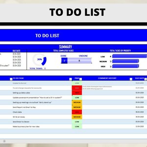 May include: A blue and white to-do list with a summary section showing 2 tasks completed and 8 tasks undone. The list is divided into sections for priority, due date, and progress. The progress is shown as a percentage.