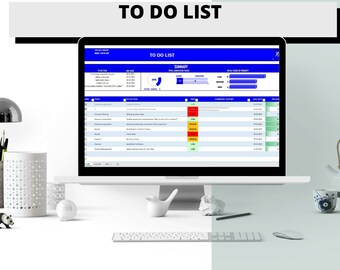 May include: A computer screen displaying a to-do list spreadsheet with a blue and white color scheme. The spreadsheet includes columns for task, due date, priority, and completion status. The spreadsheet also includes a summary section with a bar graph showing the total number of tasks completed.