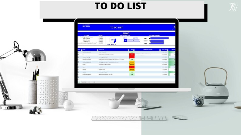 May include: A computer screen displaying a to-do list spreadsheet with a blue and white colour scheme. The spreadsheet includes columns for task, due date, priority, and completion status. The spreadsheet also includes a summary section with a bar graph showing the total number of tasks completed.