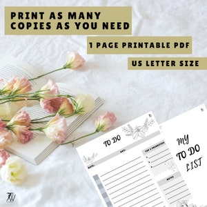 Könnte beinhalten: Eine druckbare To-Do-Liste mit einem floralen Design. Die Liste enthält Abschnitte für Datum, Tag, die 3 wichtigsten Prioritäten und Notizen. Der Text "DRUCKEN SIE SO VIELE KOPIEN, WIE SIE BENÖTIGEN" und "1 SEITE DRUCKBARE PDF" befindet sich oben auf der Seite. Der Text "US LETTER FORMAT" befindet sich unten auf der Seite.