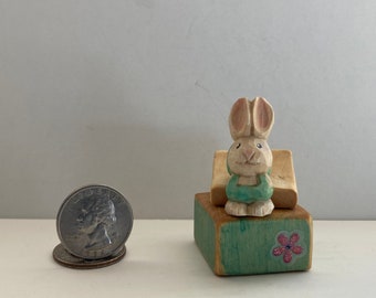 Wood Carving - Miniature Wooden Easter Bunny Caricature Carving - Hand Carved and Painted - Decor Decoration or Gift - WoodCarvedMinisByKLS