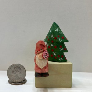 Wood Carving - Miniature Wooden Santa Claus Caricature on a Block - Hand Carved and Painted - Decor Decoration or Gift -WoodCarvedMinisByKLS