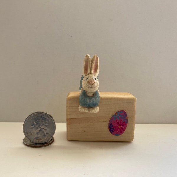 Wood Carving - Miniature Wooden Easter Bunny Caricature Carving - Hand Carved and Painted - Decor Decoration or Gift - WoodCarvedMinisByKLS