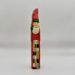 Hand Carved Pencil Santa Figurine: Painted Wood Christmas Decor (6&quot;)