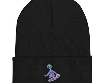 Alien Skateboarding Cuffed Beanie