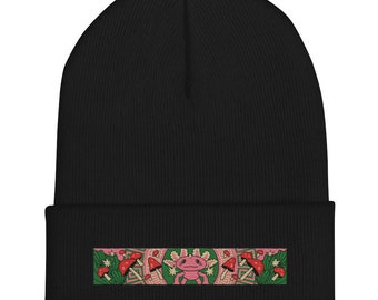Gorro com punho de cogumelo axolote: malha acrílica turbo unissex