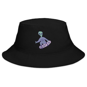 Embroidered Alien Skater Bucket Hat | Trippy Streetwear Rave Fashion | Unisex Weirdcore Gift