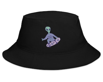 Embroidered Alien Skater Bucket Hat | Trippy Streetwear Rave Fashion | Unisex Weirdcore Gift