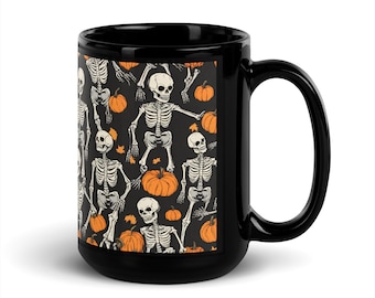 Black Glossy Mug pumpkin and skeleton pattern