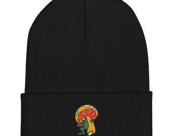 Embroidered Frog & Mushroom Knit Beanie - Cuffed Unisex Hat