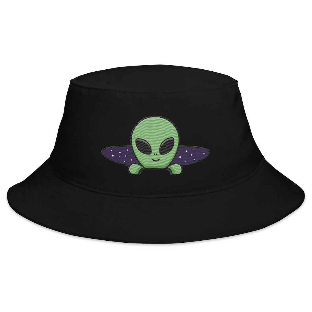 Embroidered Alien Bucket Hat: Trippy Spacecore Rave Cap