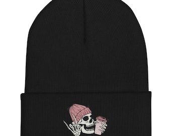 Skull & Coffee Cuffed Beanie - Gothic Winter Hat Caffeine Lover Gift Dark Streetwear Headwear