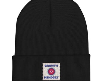 Growth Mindset Cuffed Beanie, Embroidered Patch Knit Winter Hat
