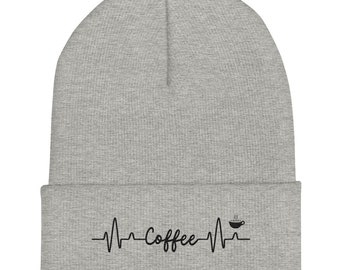 May include: Gray beanie with a black embroidered heartbeat design that says "Coffee" with a coffee cup icon.