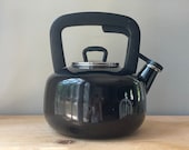 Vintage Black Conduction Whistling Enamel on Steel Tea Kettle 2.5 Quart Stove Top Tea Maker Black Enamelware Tea Pot