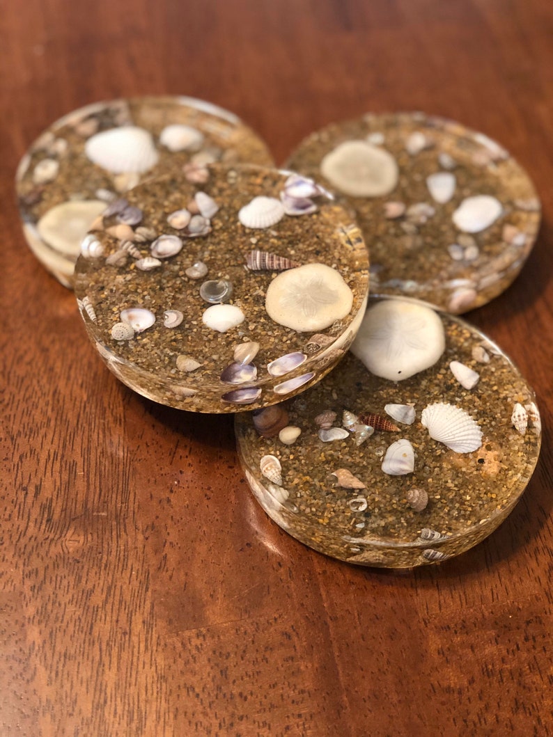 Set of 4 Epoxy Beach Coasters with Seashells and Sand Inside Etsy