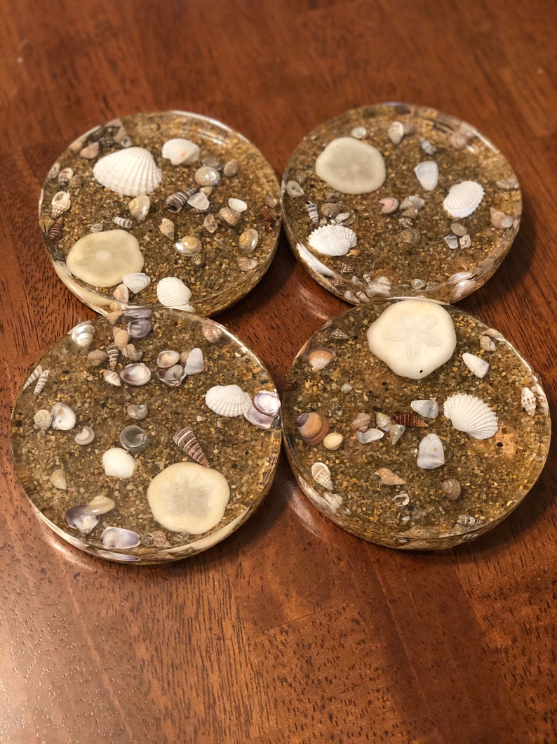 Set of 4 Epoxy Beach Coasters with Seashells and Sand Inside Etsy